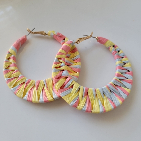 Colorful Hoop Earrings • Yellow, Salmon & Blue - Picture 4 of 5